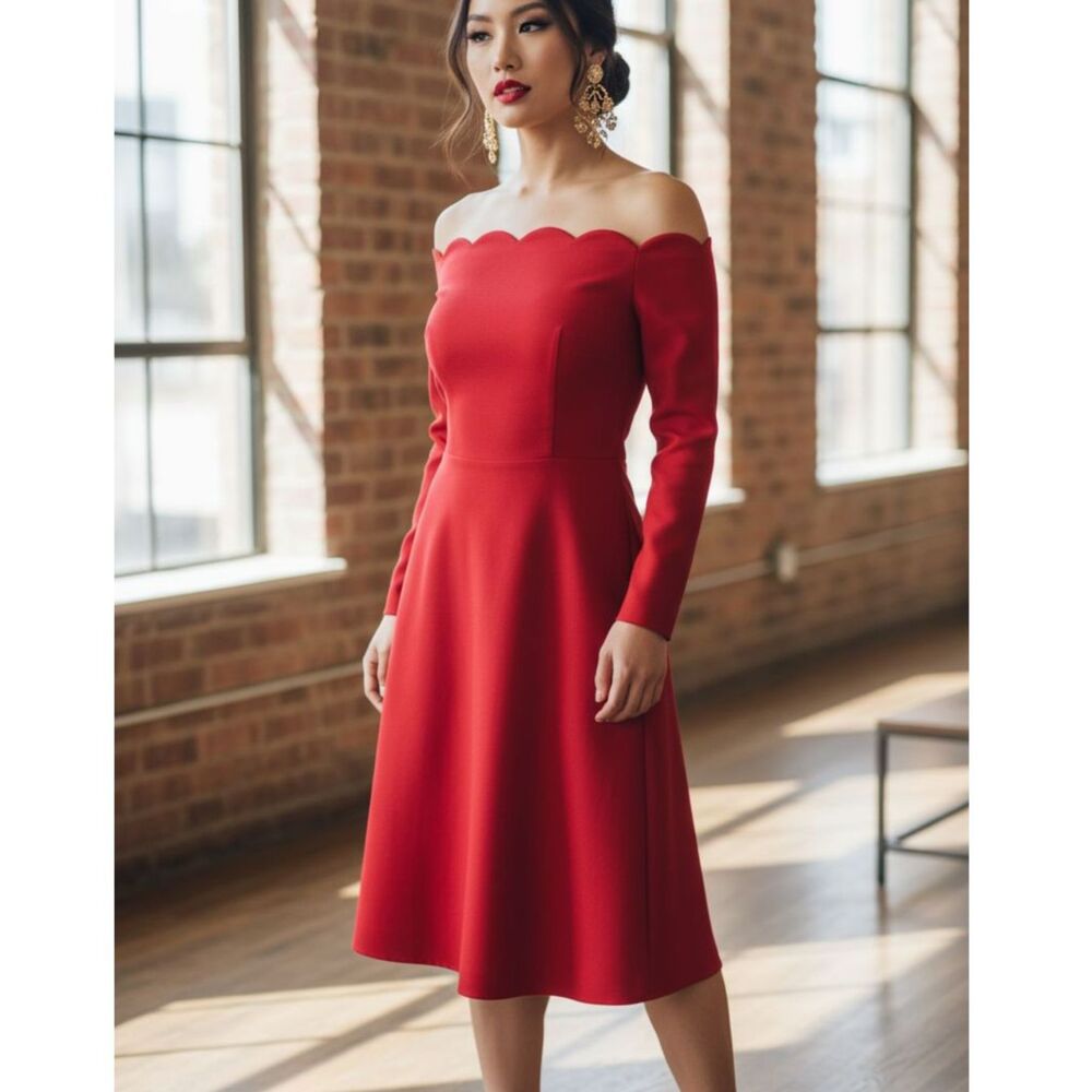 Belle Poque Midi Dress Womens M Betty Boop Red Scalloped Off Shoulder Rockabilly